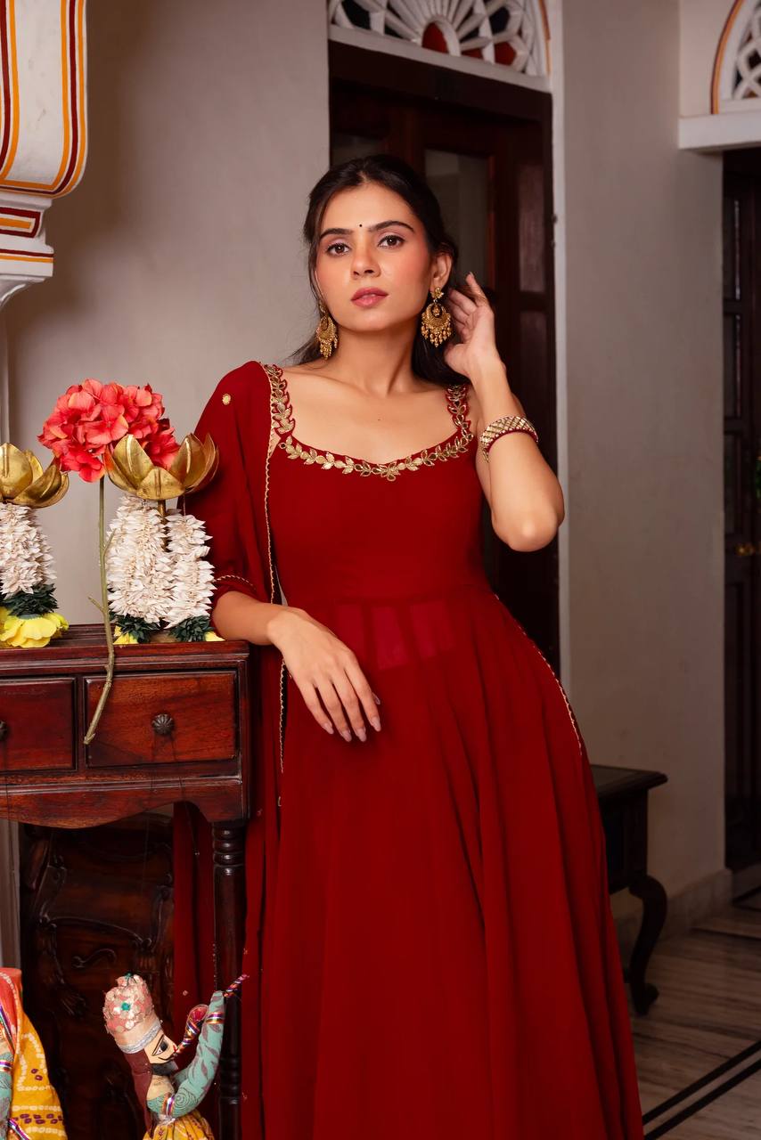 graceful red designer anarkali suit with dupatta