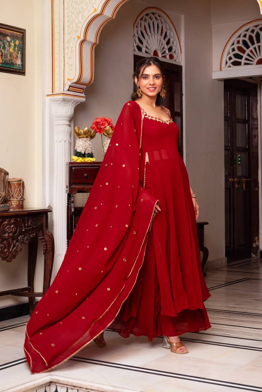 graceful red designer anarkali suit with dupatta