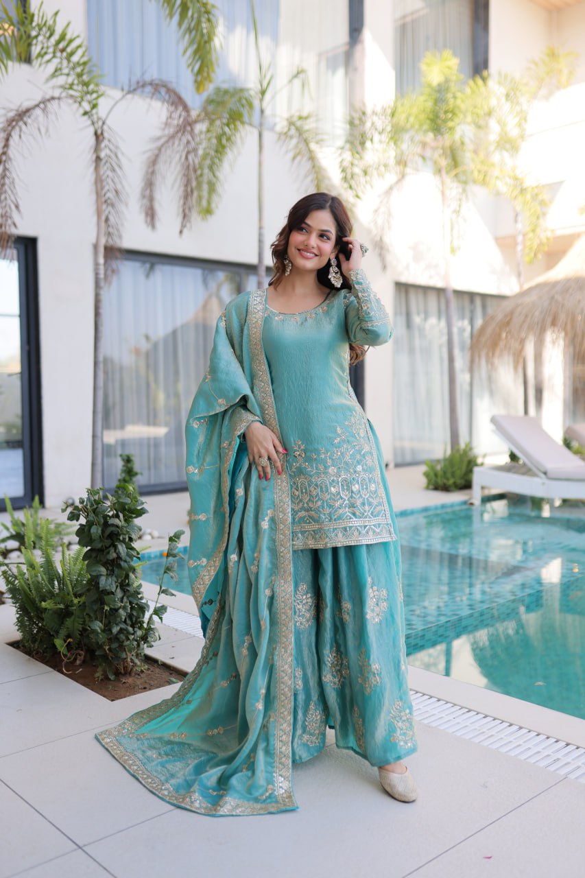 peach & sky embroidered fendy crus kurta set