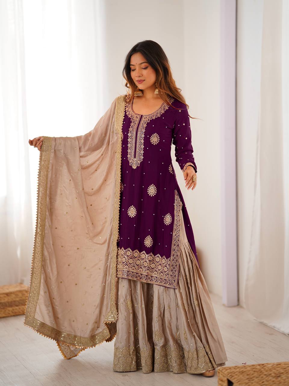 royal radiance in wine silk embroidered sharara set