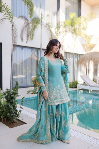 Peach & Sky Embroidered Fendy Crus Kurta Set