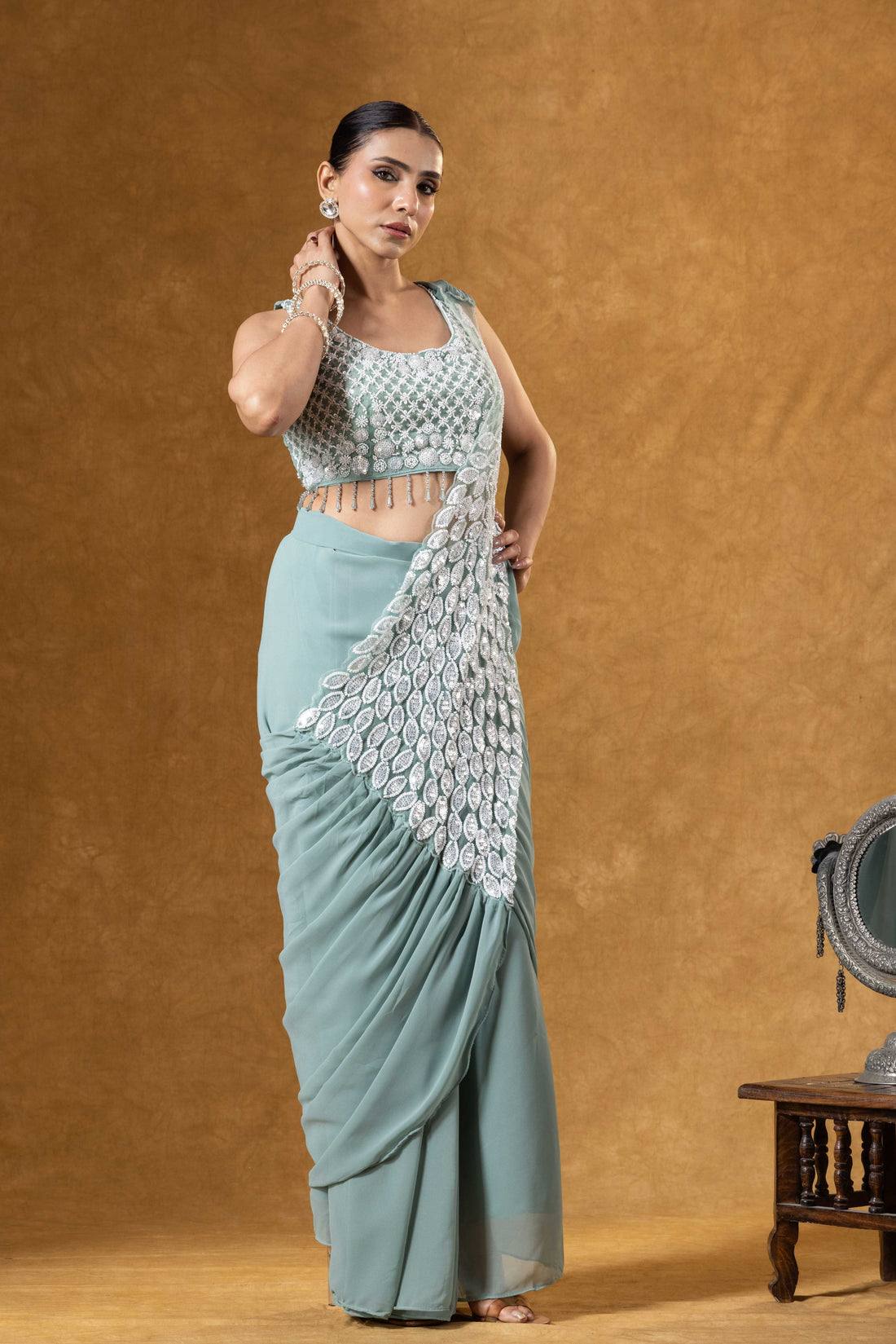 poised in pastel perfection georgette ready to wear saree