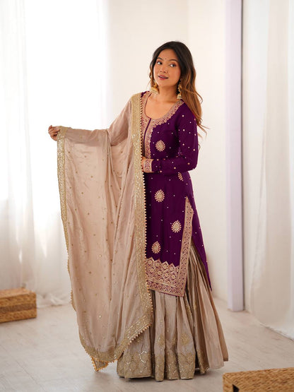 Royal Radiance in Wine Silk Embroidered Sharara Set