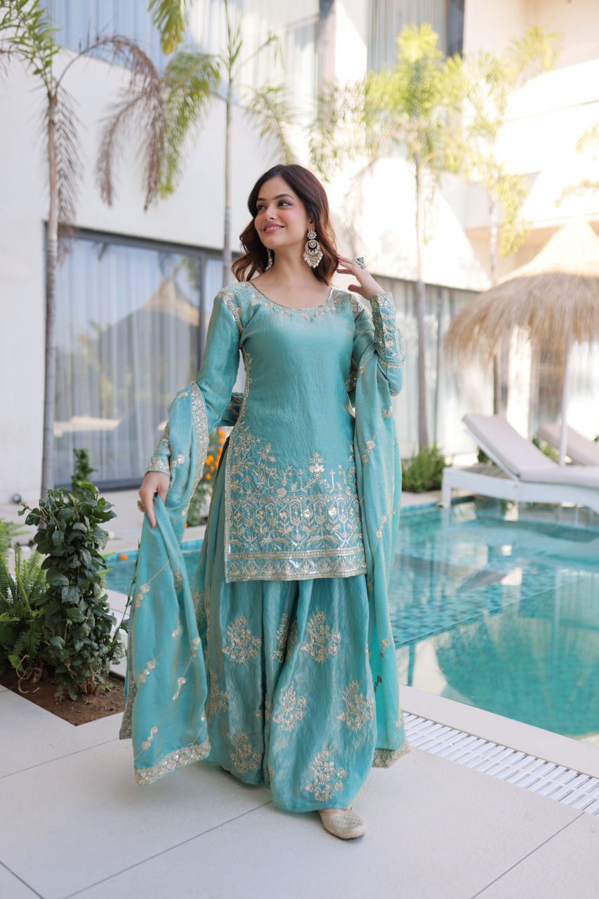 peach & sky embroidered fendy crus kurta set