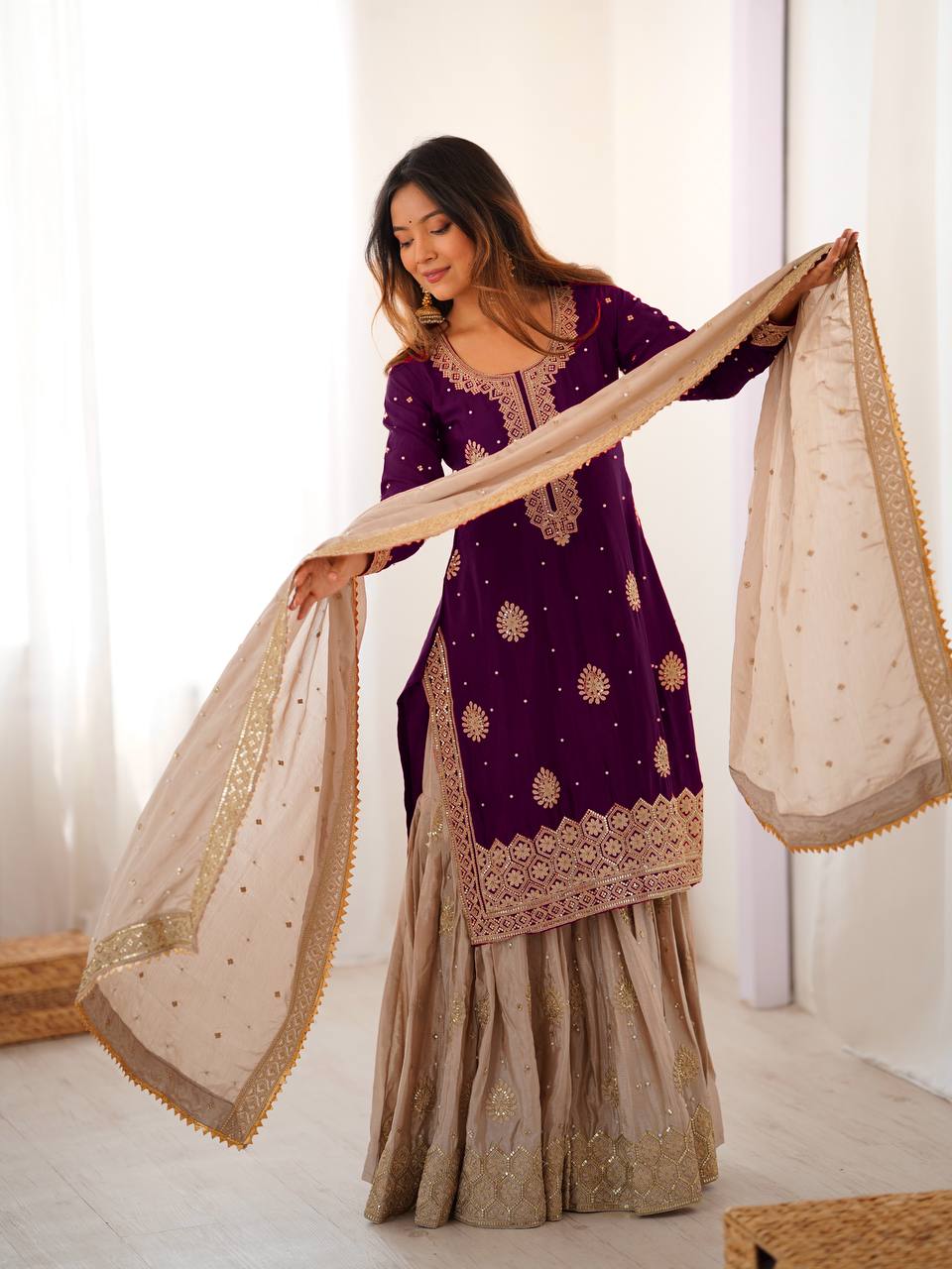 royal radiance in wine silk embroidered sharara set