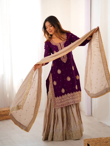 Royal Radiance in Wine Silk Embroidered Sharara Set