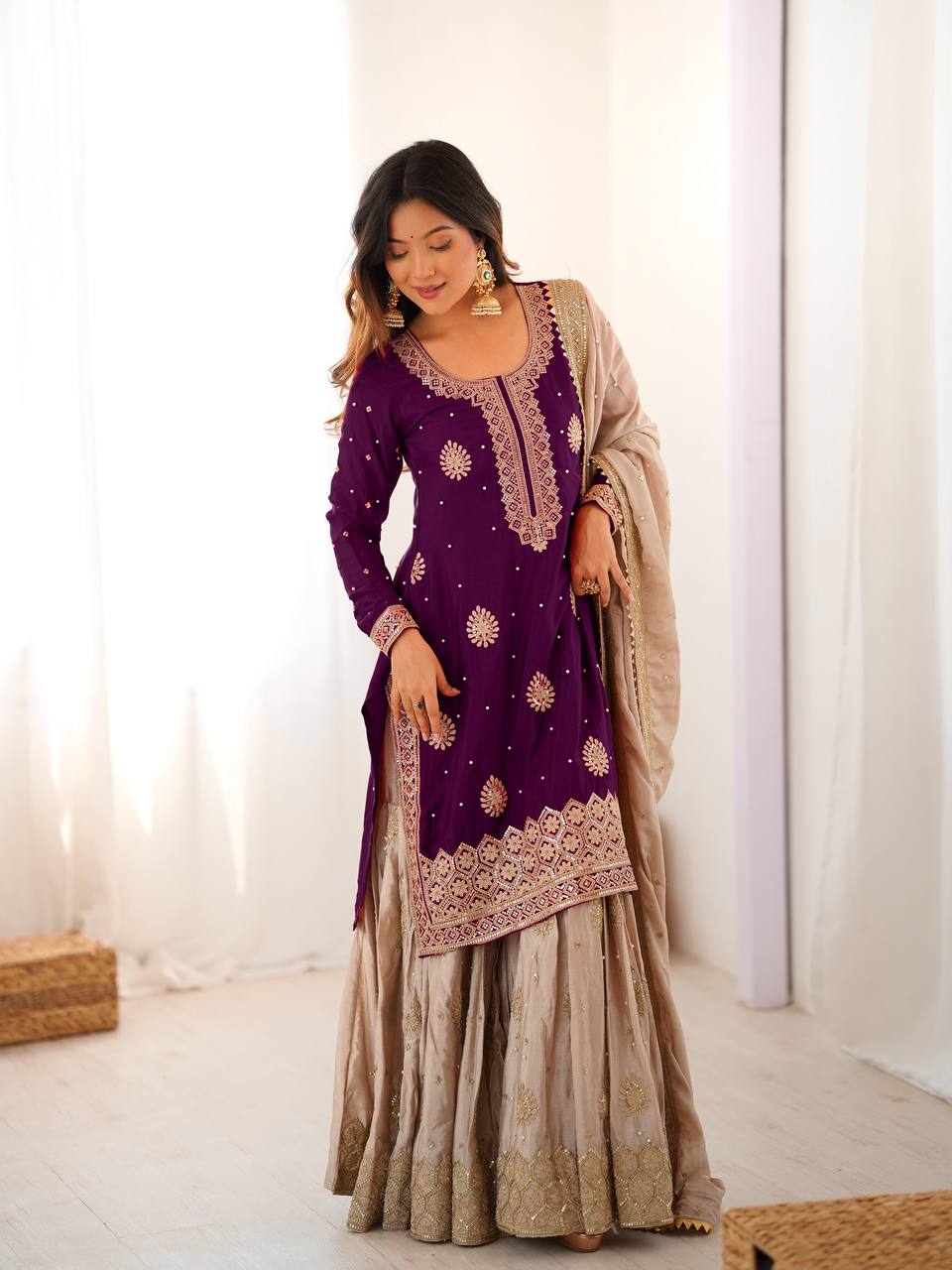 royal radiance in wine silk embroidered sharara set