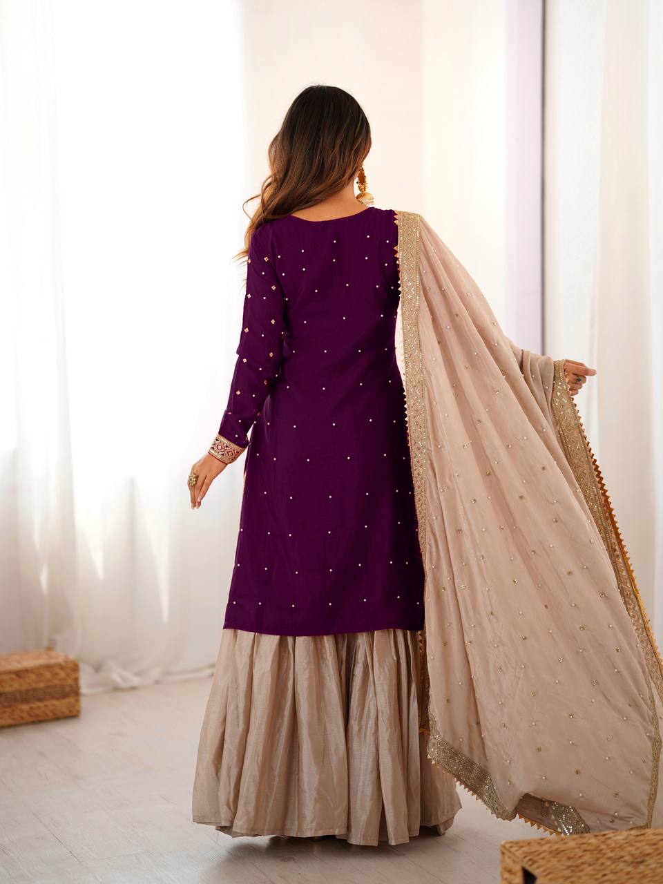 royal radiance in wine silk embroidered sharara set