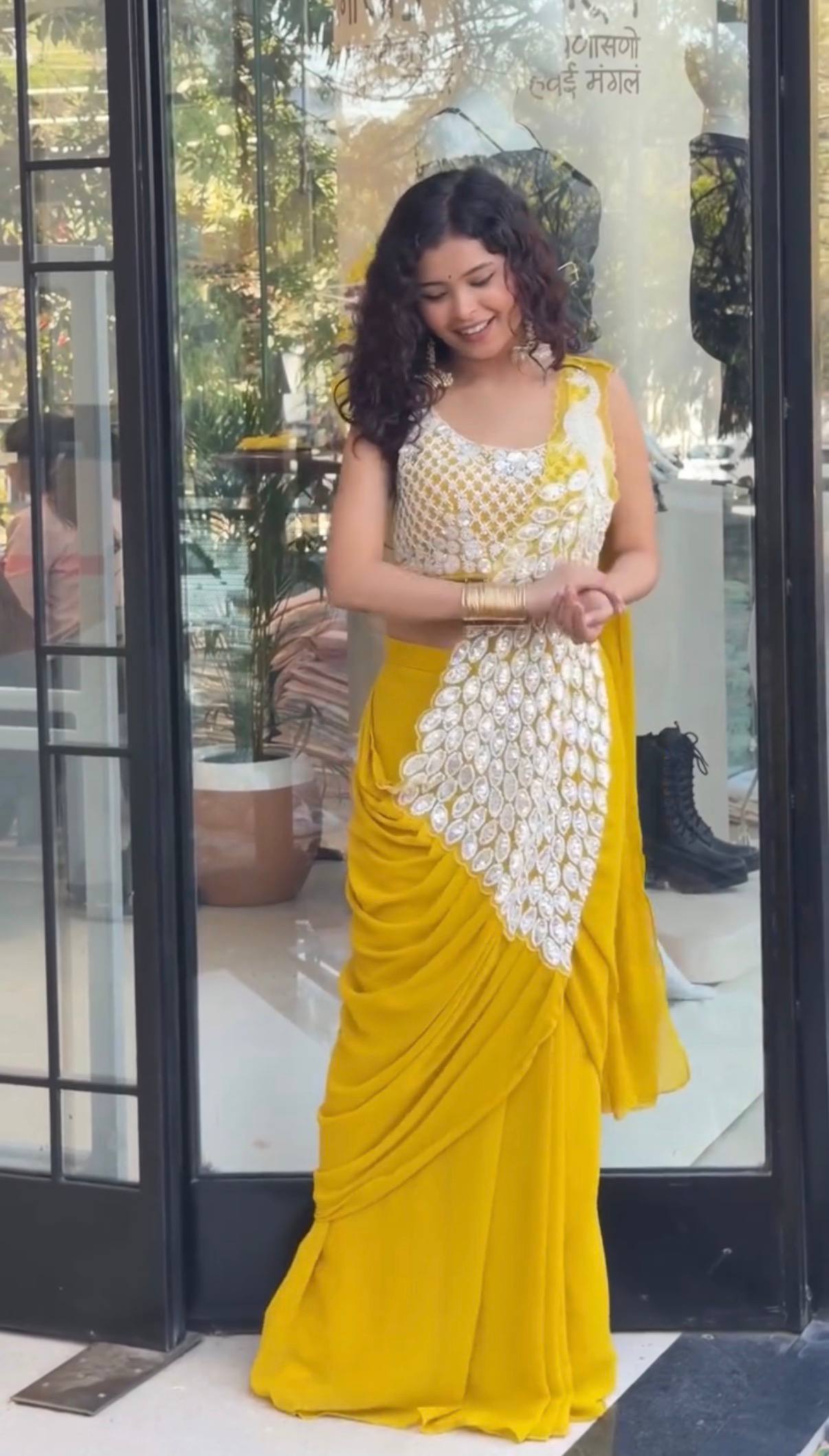 radiance in yellow georgette ready to wear saree