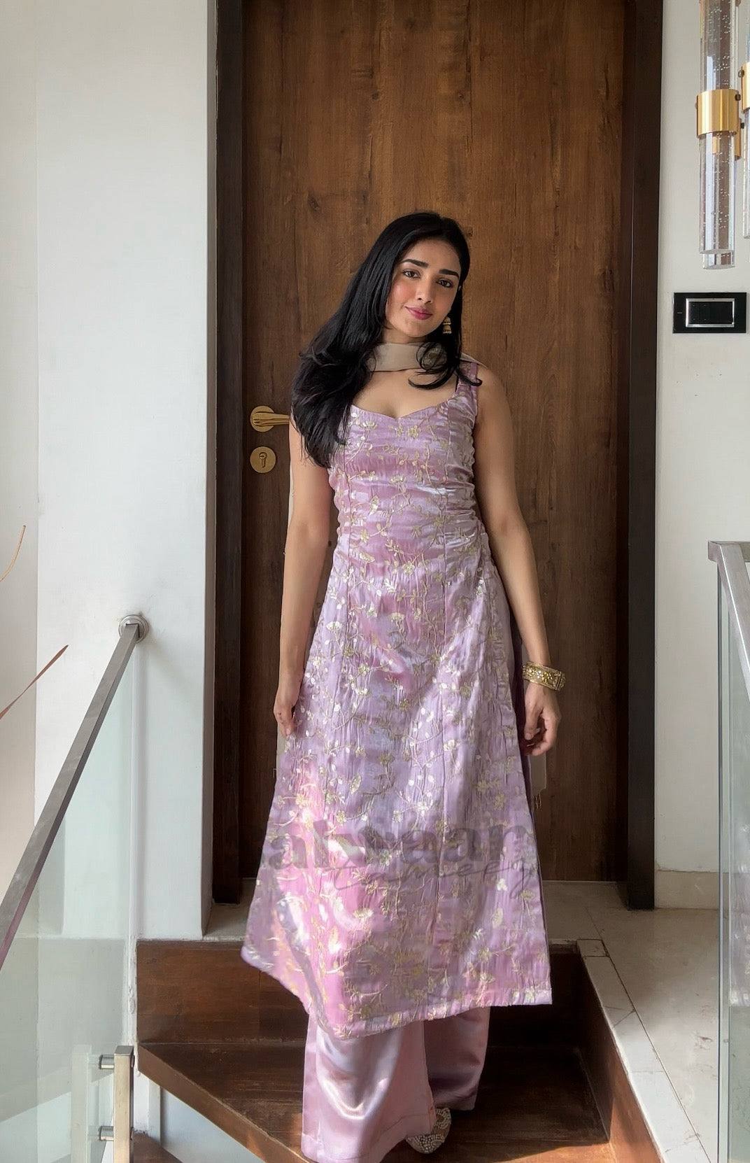 pink floral silk embroidered kurta set