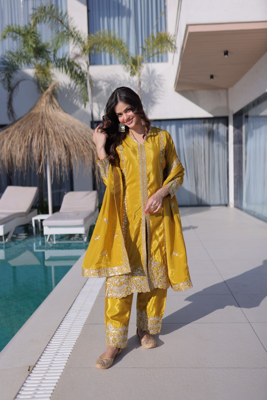 Mustard Floral Silk Embroidered Kurta Set