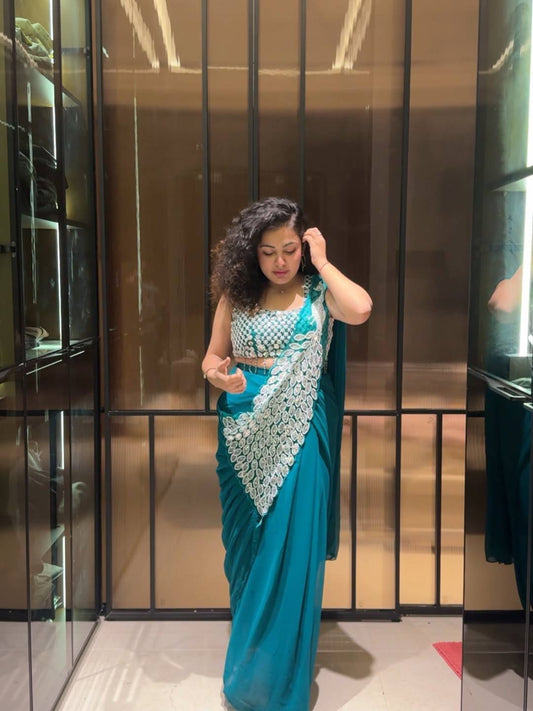 Green Georgette Ready To Wear Saree