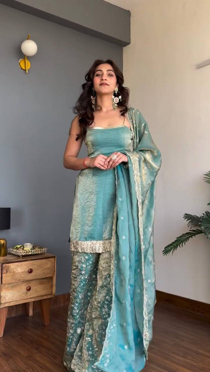 Luxury Sea Green Party Wear Sharara Suit for Women