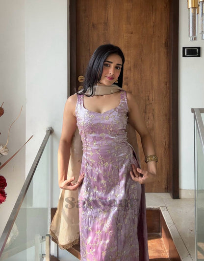 Pink Floral Silk Embroidered Kurta Set