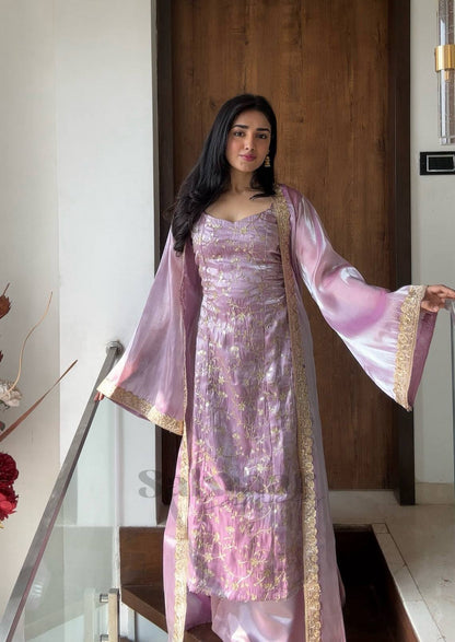 Pink Floral Silk Embroidered Kurta Set