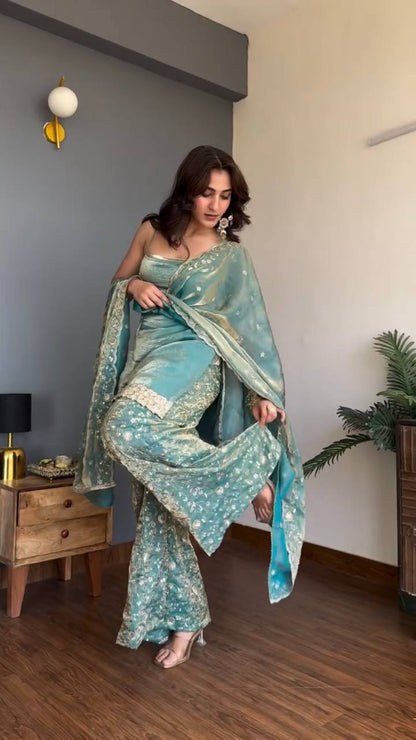 Luxury Sea Green Party Wear Sharara Suit for Women