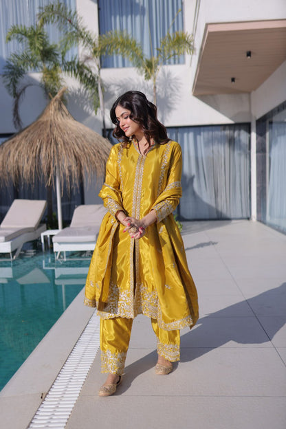 Mustard Floral Silk Embroidered Kurta Set