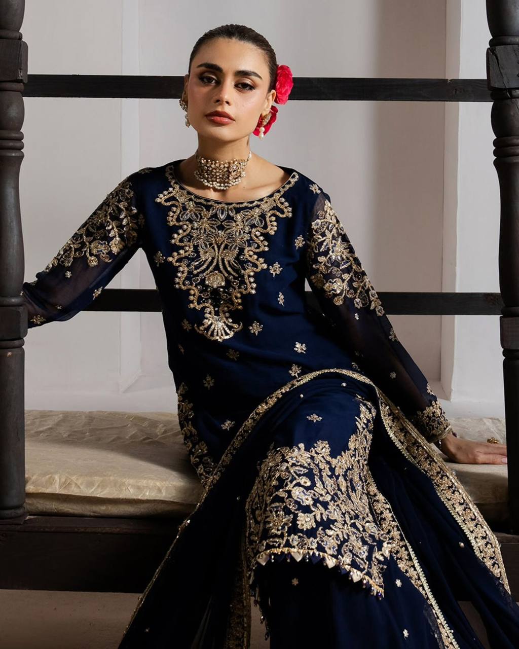 blue pakistani silk embroidered kurta set