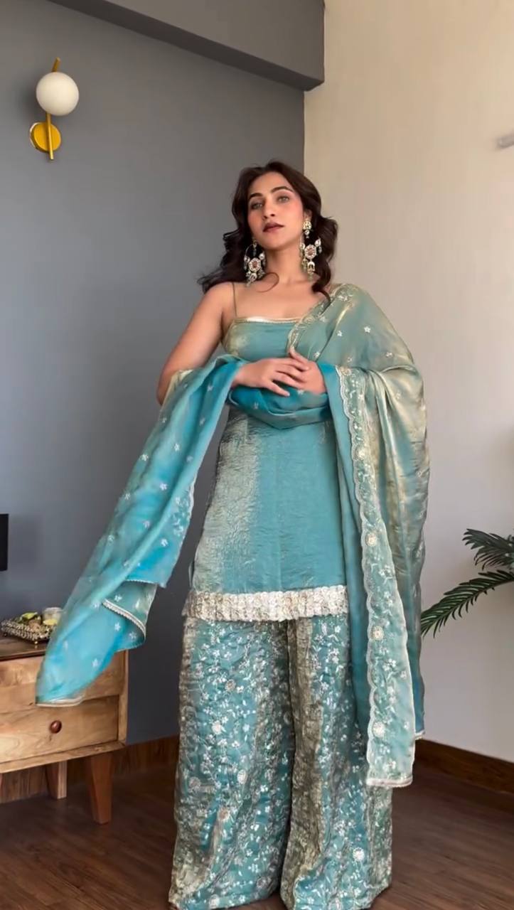 luxury sea green party wear sharara suit for women