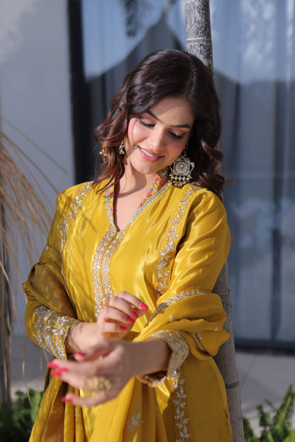 Mustard Floral Silk Embroidered Kurta Set