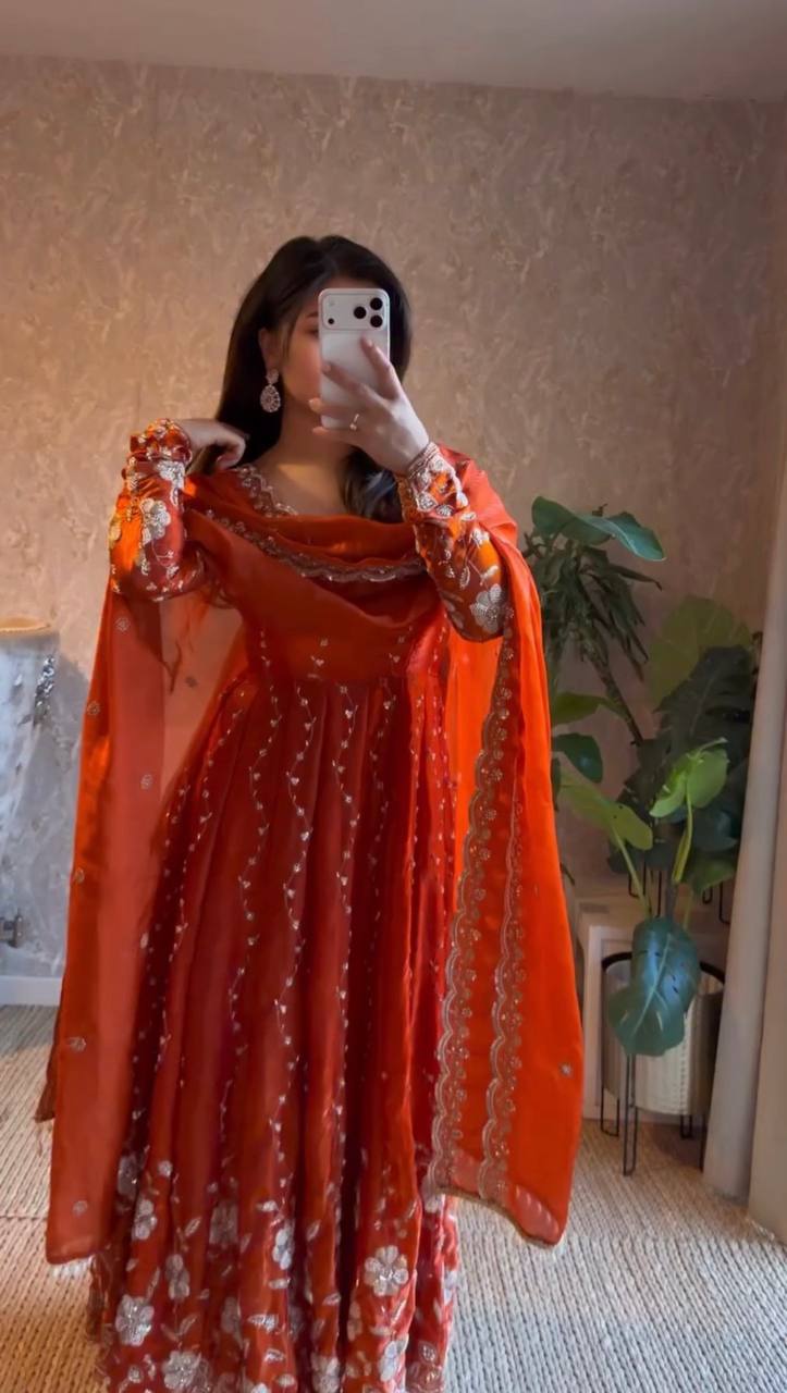 burnt orange embroidered anarkali suit with dupatta