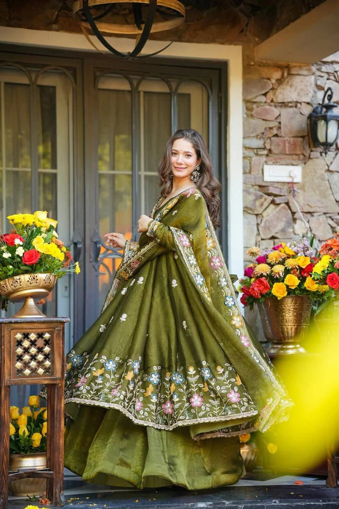 ishva floral crunchy silk anarkali premium suit set
