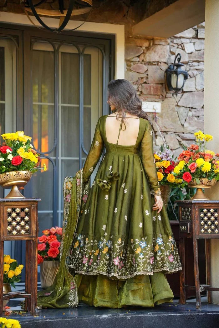 ishva floral crunchy silk anarkali premium suit set