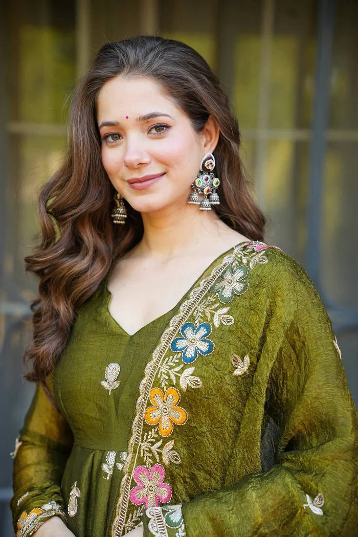ishva floral crunchy silk anarkali premium suit set