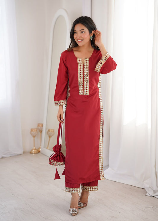 Pink Mirror Work Kurta And Bottom With Potali