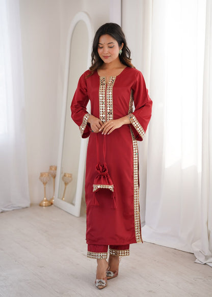 Pink Mirror Work Kurta And Bottom With Potali