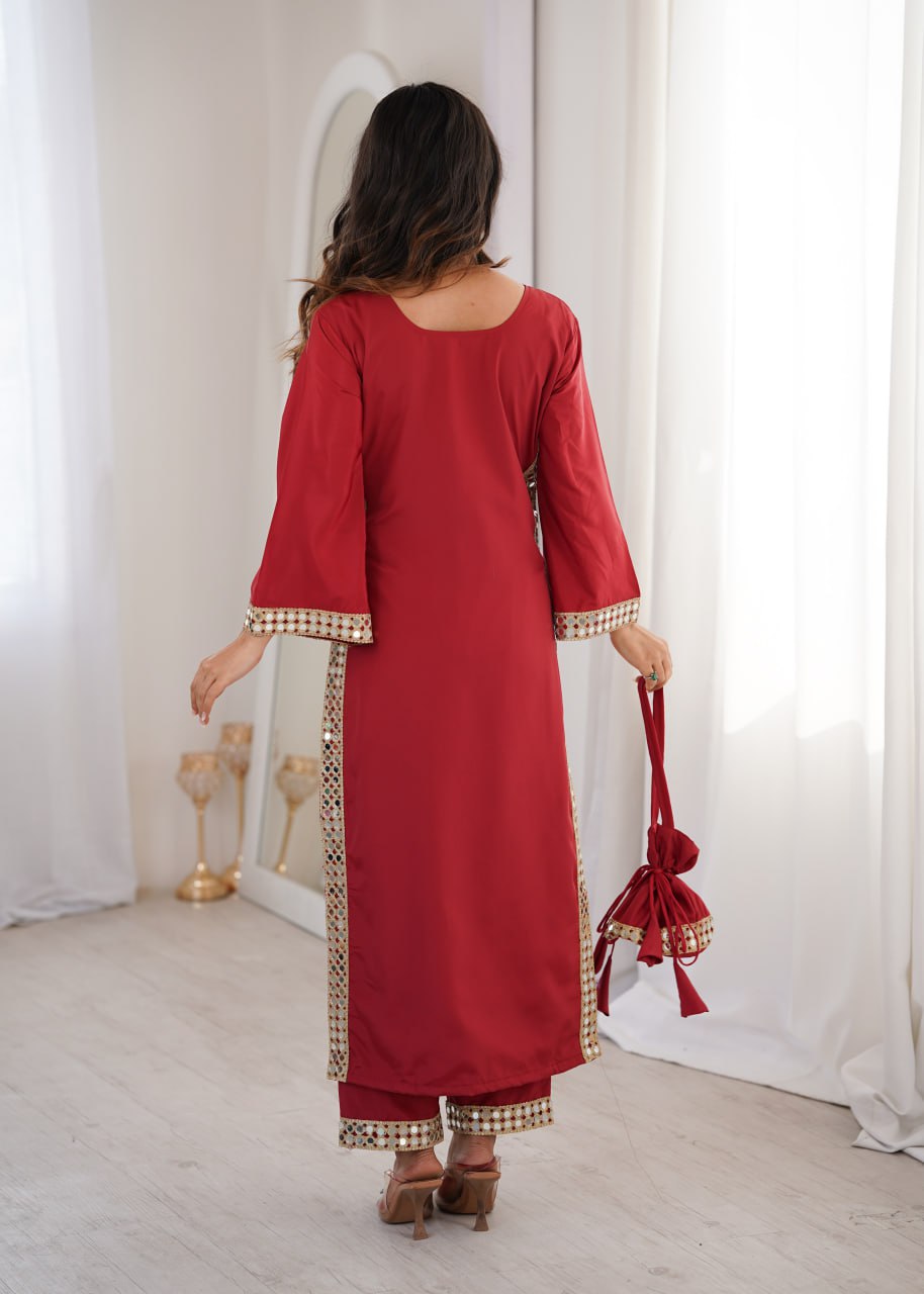 pink mirror work kurta and bottom with potali