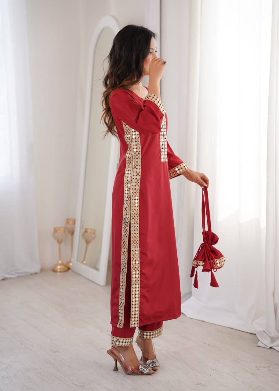 pink mirror work kurta and bottom with potali