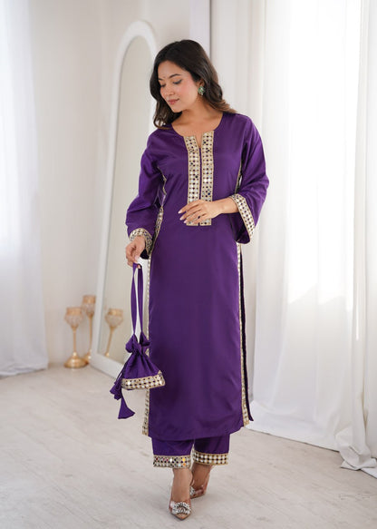 Pink Mirror Work Kurta And Bottom With Potali