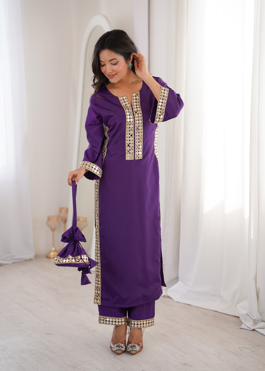 pink mirror work kurta and bottom with potali