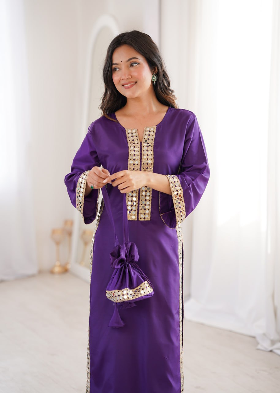 pink mirror work kurta and bottom with potali