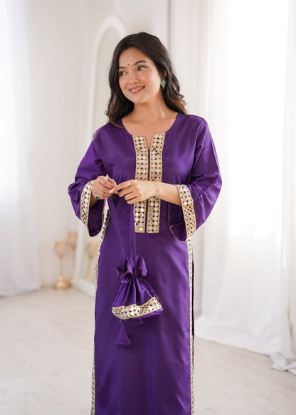 Pink Mirror Work Kurta And Bottom With Potali