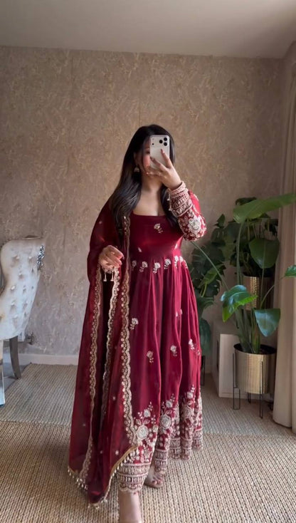 Elegant Maroon Embroidered Anarkali Suit Set with Dupatta