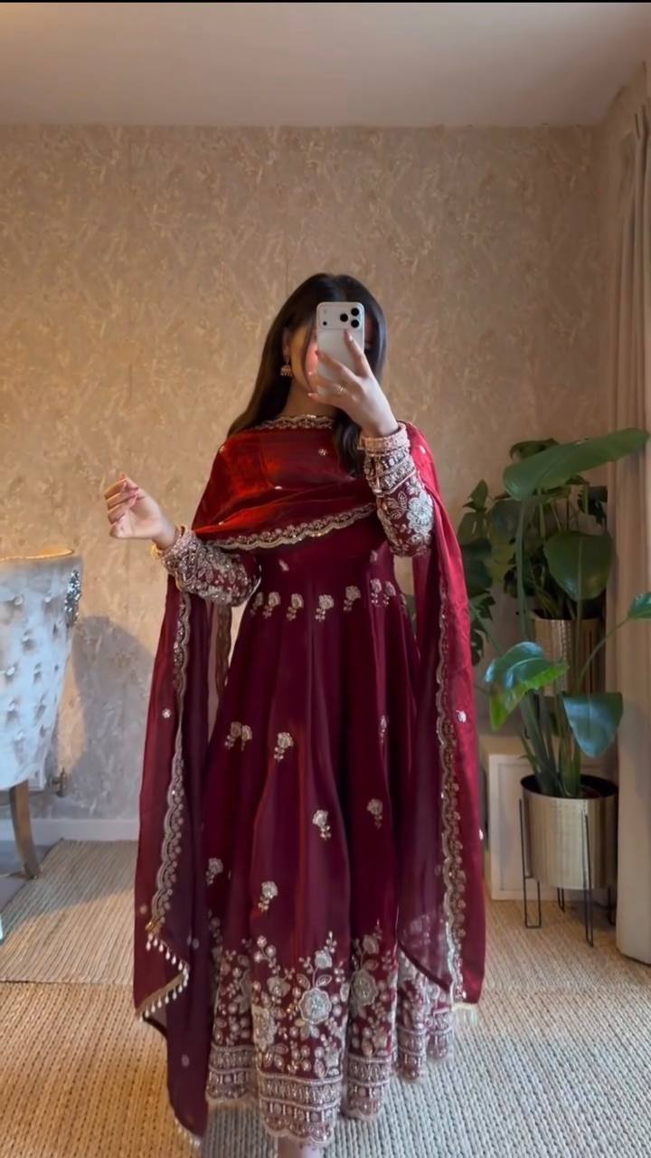 elegant maroon embroidered anarkali suit set with dupatta