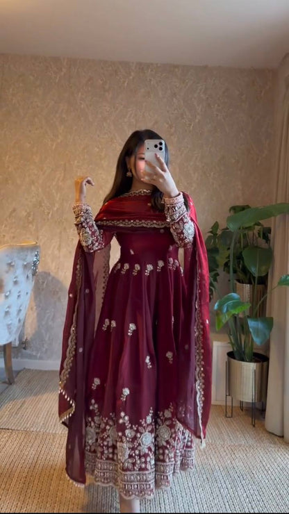 Elegant Maroon Embroidered Anarkali Suit Set with Dupatta