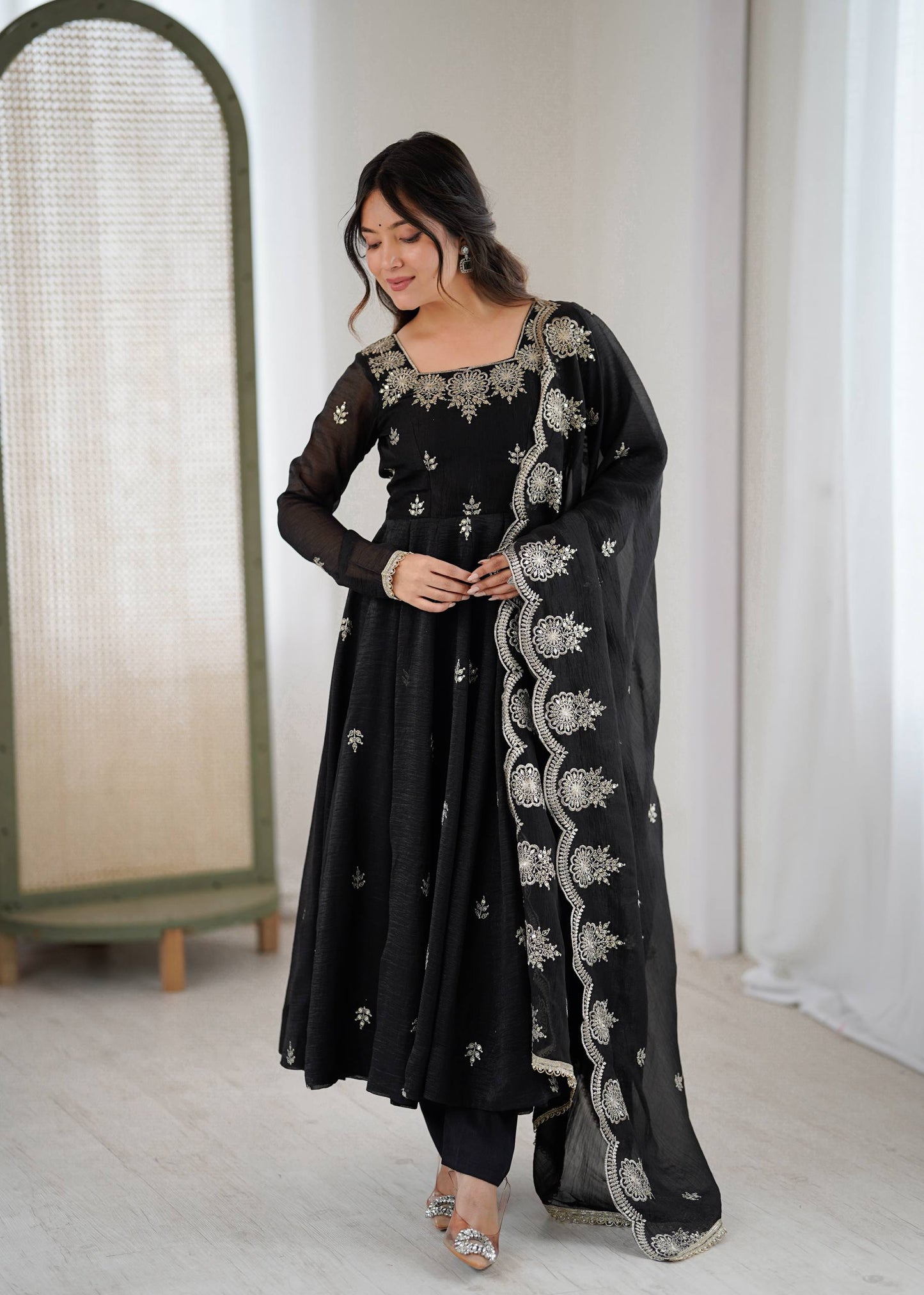 elegant embroided sequence designer anarkali three piece set