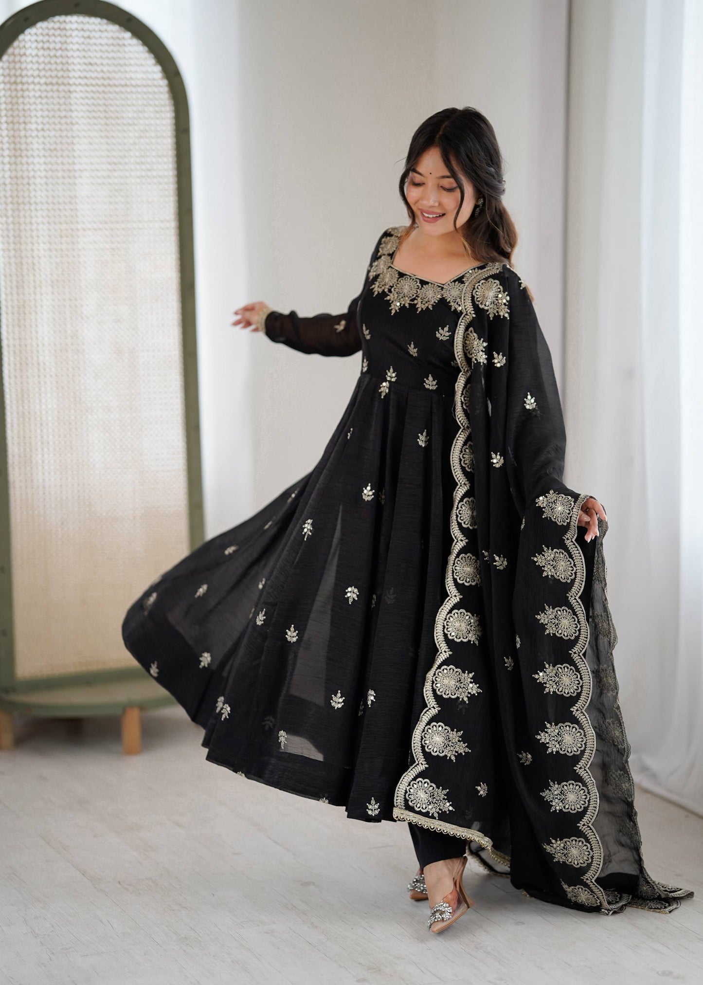 elegant embroided sequence designer anarkali three piece set