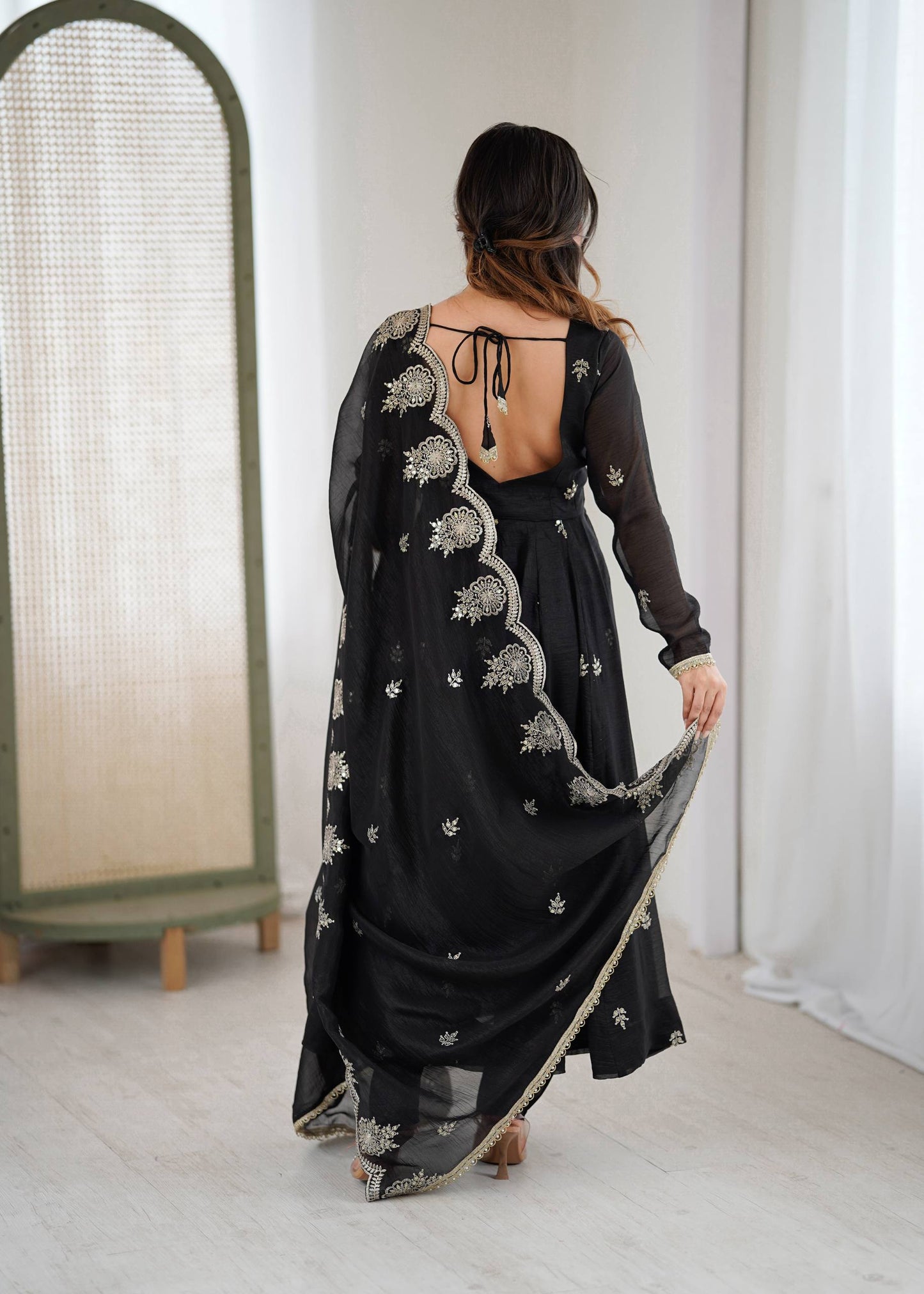 elegant embroided sequence designer anarkali three piece set
