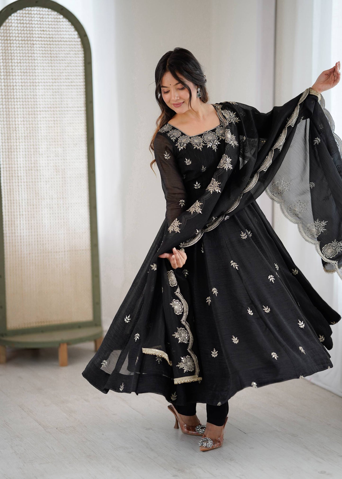 elegant embroided sequence designer anarkali three piece set