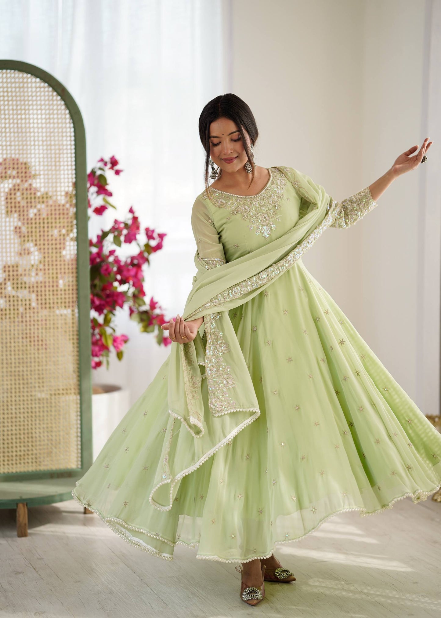 elegant embroidered rembo sequence designer anarkali three piece set