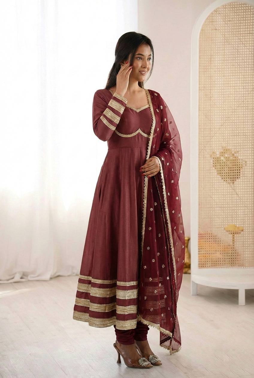 elegant heavy lace work designer anarkali three piece set