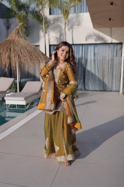 Mustard Gold  Embroidered Fendy Chiffon Kurta Set