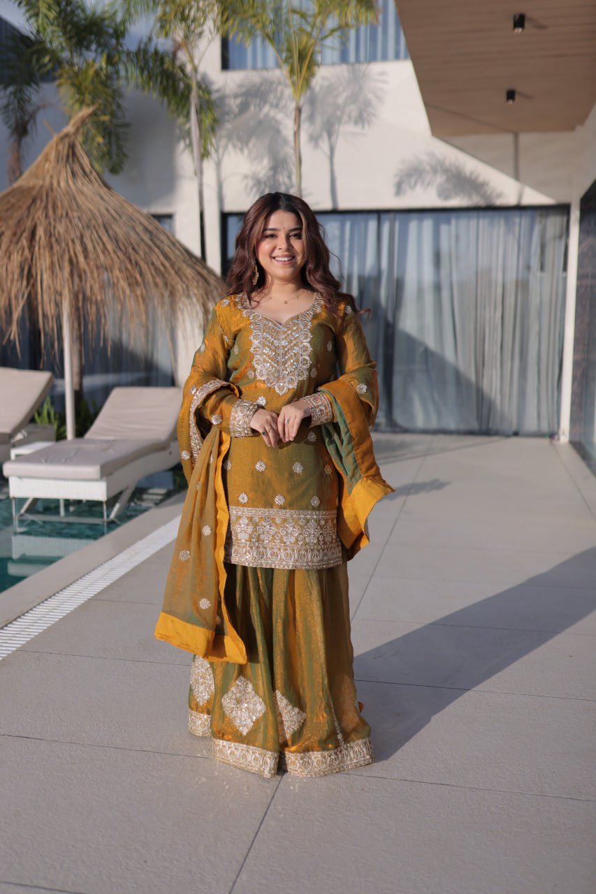 mustard gold  embroidered fendy chiffon kurta set