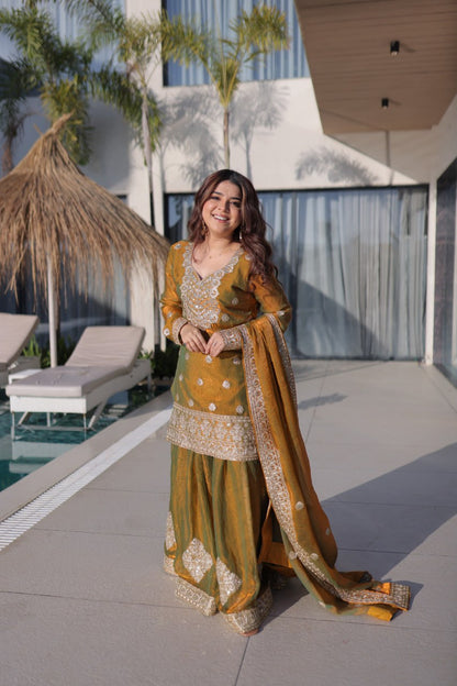 Mustard Gold  Embroidered Fendy Chiffon Kurta Set