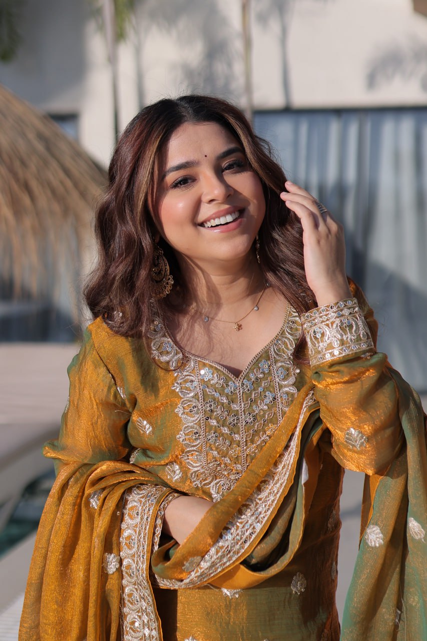 mustard gold  embroidered fendy chiffon kurta set