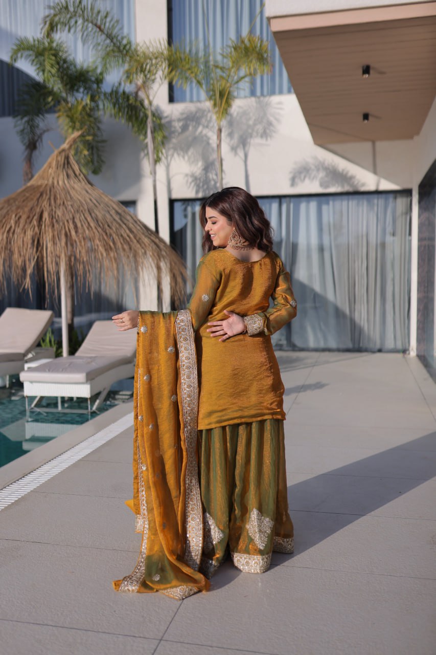 mustard gold  embroidered fendy chiffon kurta set
